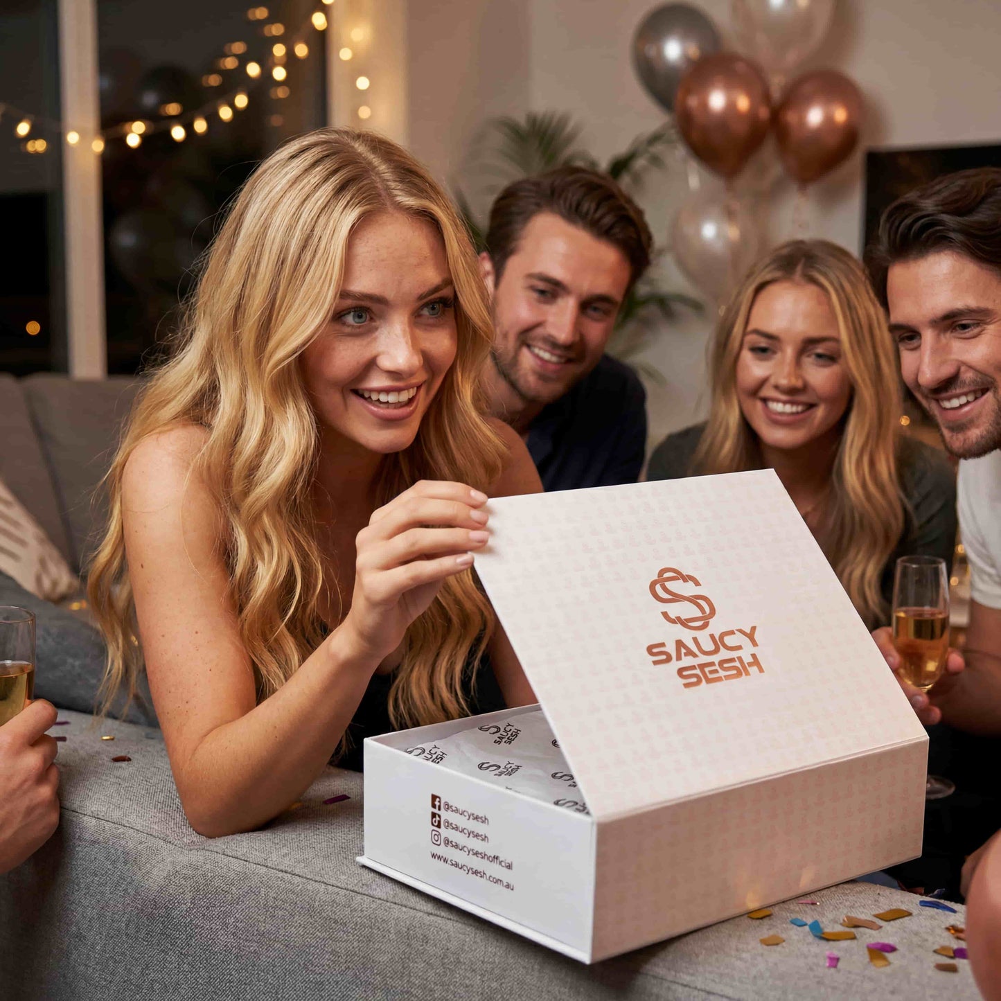 Party gift box Hamper - Saucy Sesh Luxury Magnetic Rose Gold Gift Box (34x30x12)